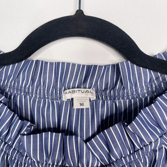 Habitual Girls 16 Blue White Striped Joyce Gathered Sleeve Tie Waist Top Blouse - Picture 4 of 9